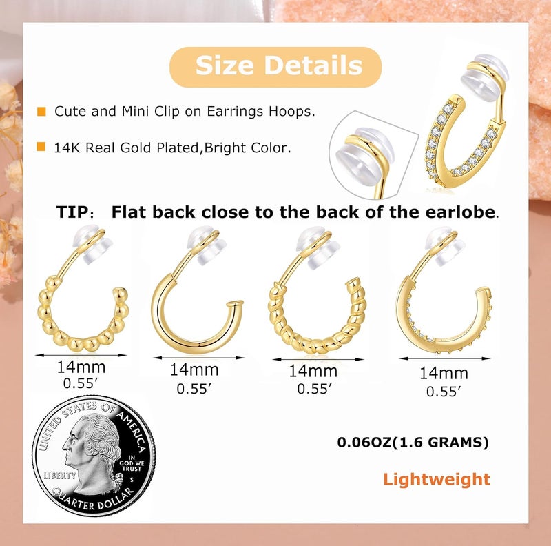 PLOMFOV Clip On Hoop Earrings for Women 14K Gold Plated Non Pierced Earrings Clip On Hoops Small No Piercing Fake Hoop Earrings 14mm - Image 3